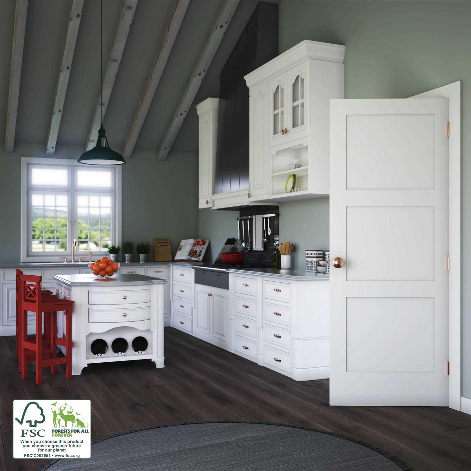 EightDoors 80 in. x 1-3/8 in. Shaker White Primed 3-Panel Equal Solid Core Wood Interior Door Slab - Image 4