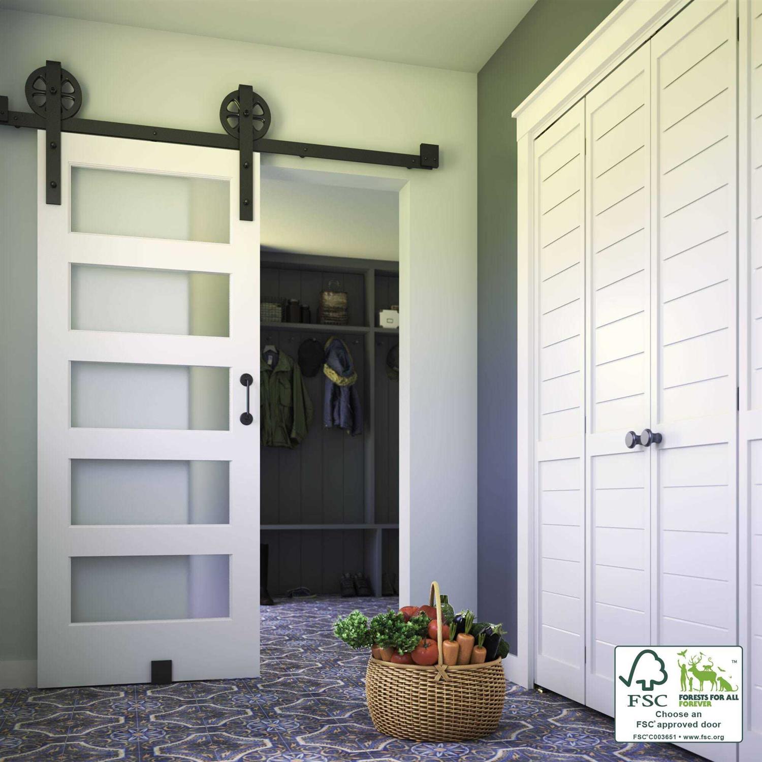 EightDoors 5-Lite Frosted Glass White Prefinished Solid Wood Core Barn Door - Image 3