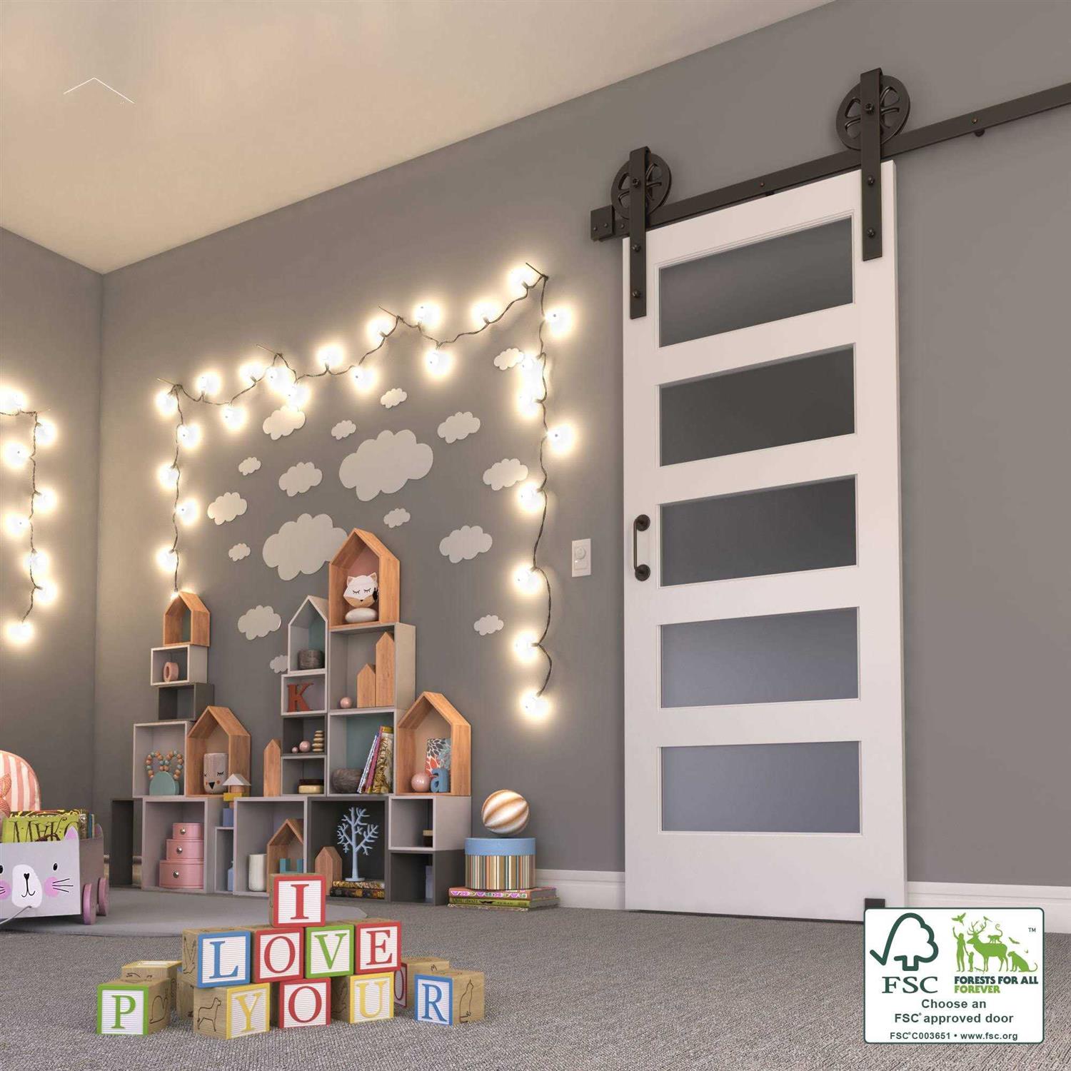 EightDoors 5-Lite Frosted Glass White Prefinished Solid Wood Core Barn Door - Image 5