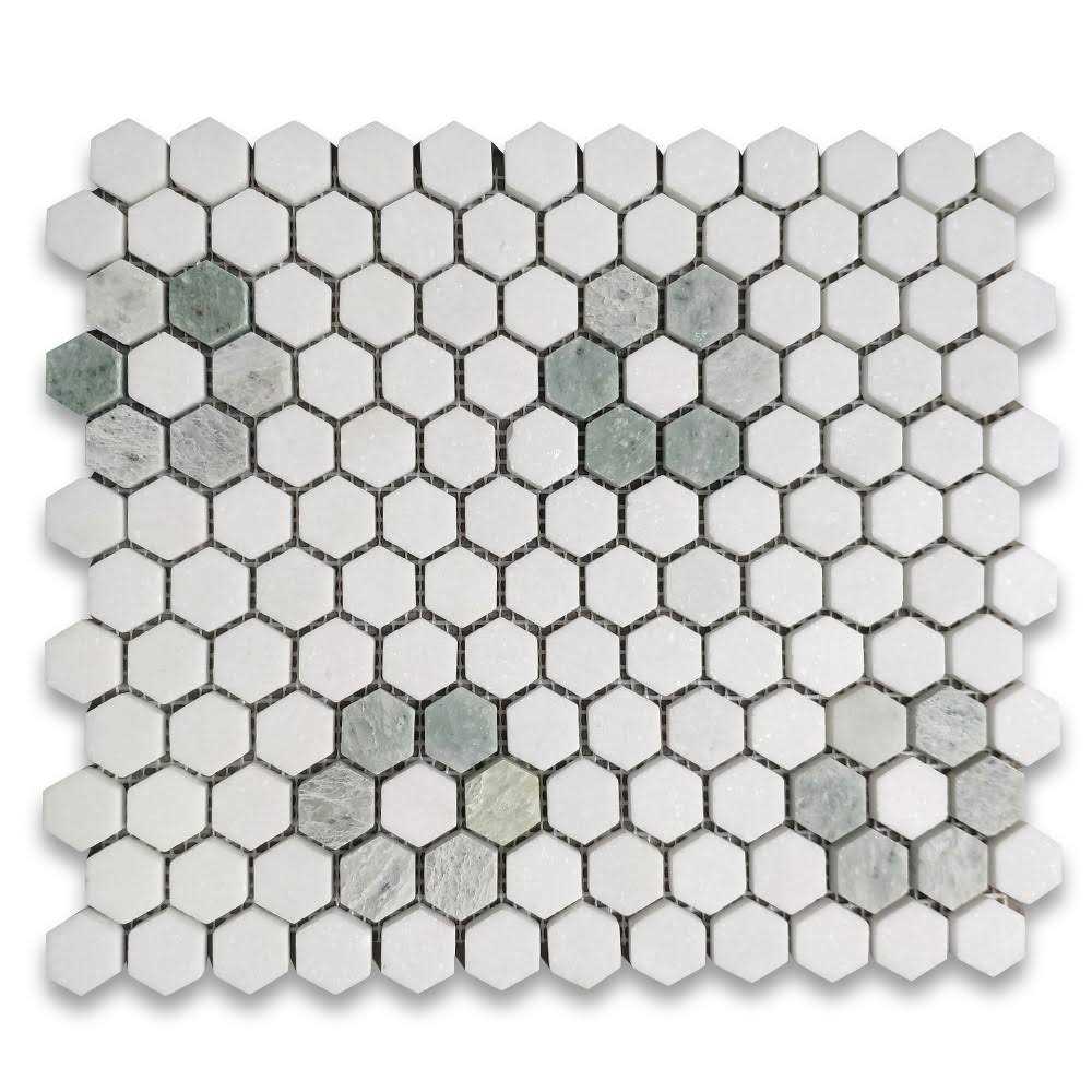 Marble Online Ming Green Thassos White Rosette Marble Hexagon Mosaic Tile - Image 3
