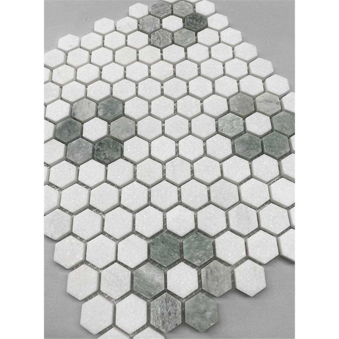Marble Online Ming Green Thassos White Rosette Marble Hexagon Mosaic Tile - Image 4