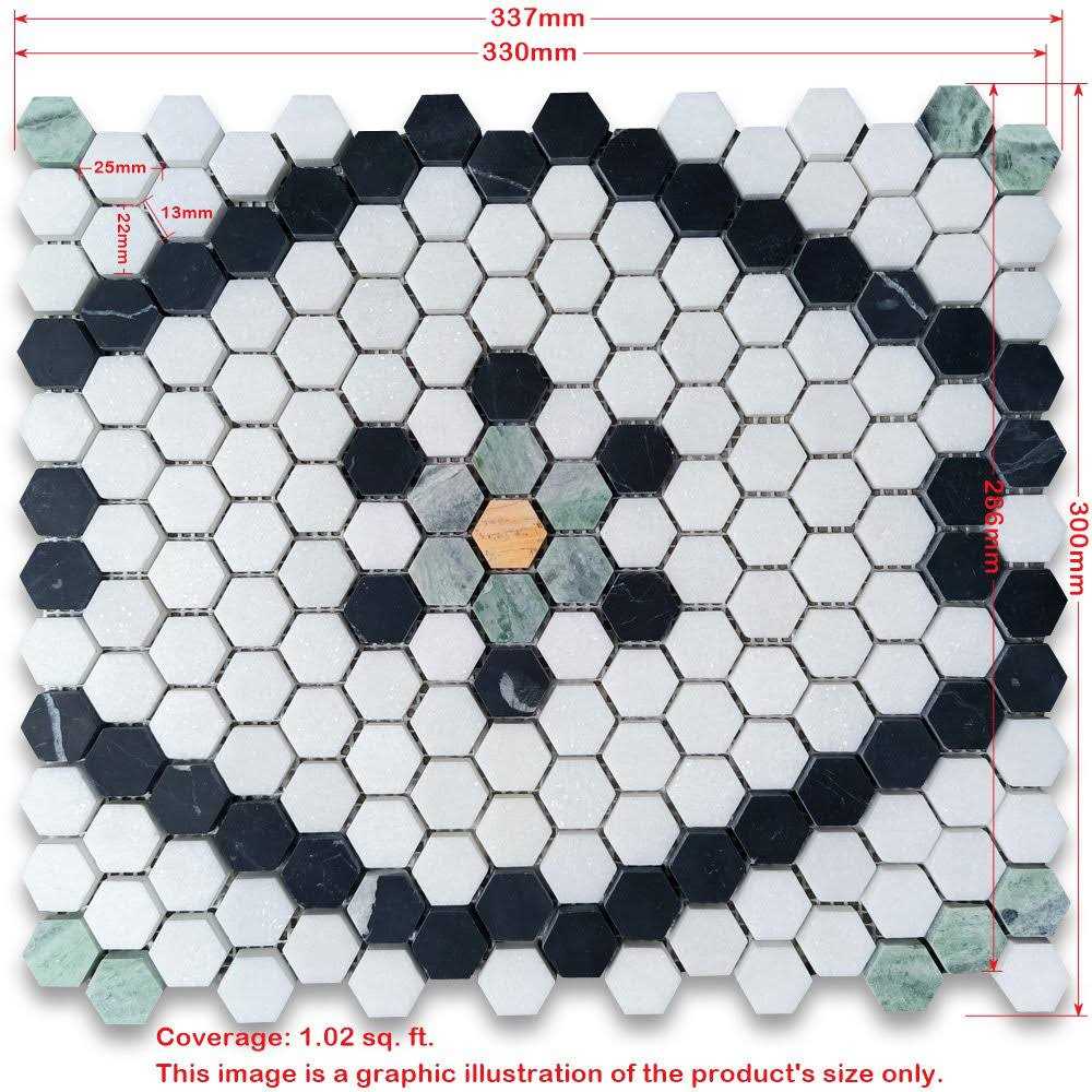 Marble Online Hexagon Snowflake Thassos White Marble Mosaic Tile Black Green Gold - Image 4
