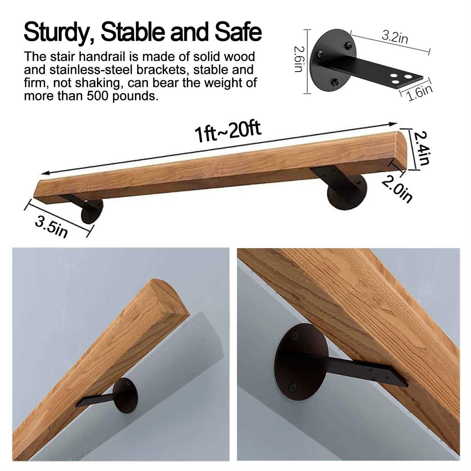 JuneFanwei 3FT Wooden Stair Handrails Hand Railings for Stairs Indoor Outdoor - Image 3