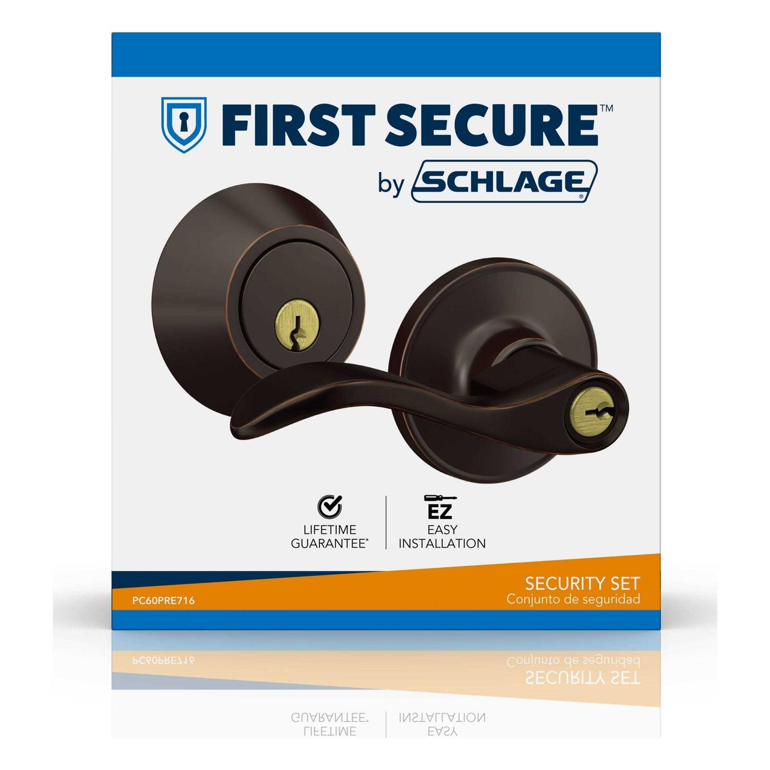 First Secure by Schlage Deadbolt and Keyed Entry Presley Lever in Aged - Image 4