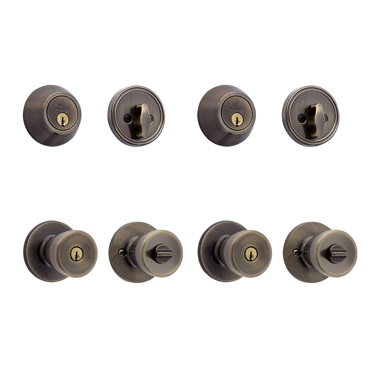 ReliaBilt Gallo Keyed Entry Knob & Single cylinder deadbolt Project Pack in Antique Brass in Gold 93680-026