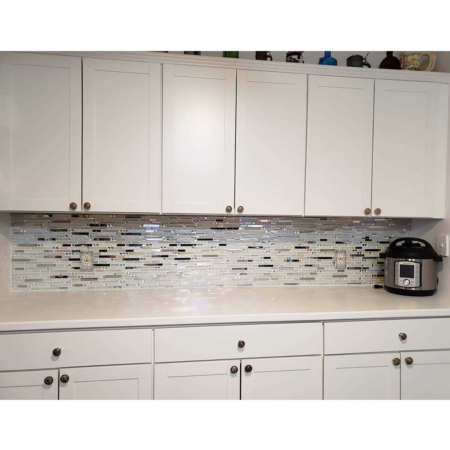 Blujellyfish Glass Metal Tile Iridescent White Glass Silver Mirror Stainless Steel Blends Interlocking Strip Wall Tiles TSTNB01 - Image 3