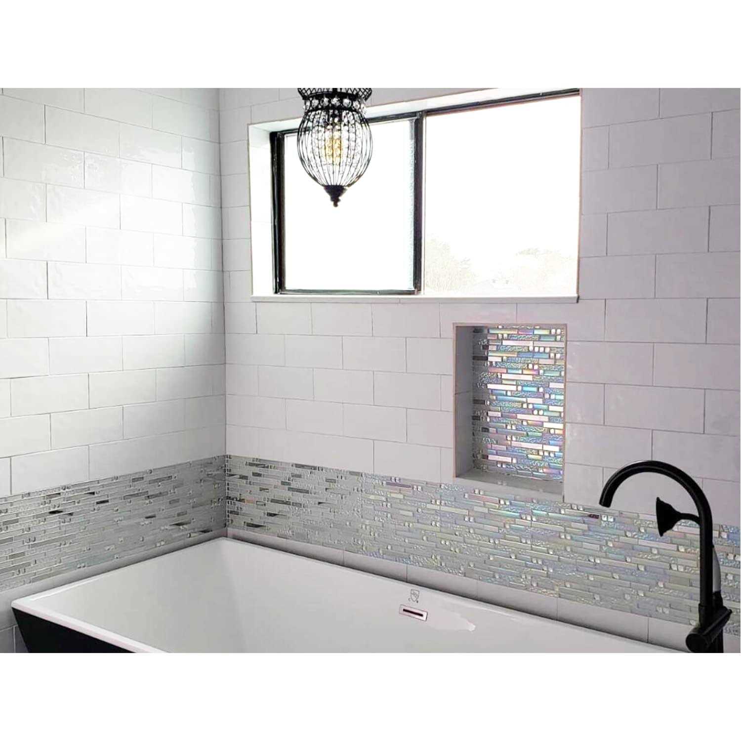 Blujellyfish Glass Metal Tile Iridescent White Glass Silver Mirror Stainless Steel Blends Interlocking Strip Wall Tiles TSTNB01 - Image 4