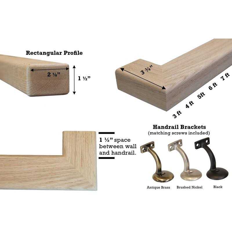 G&T Wood Products Modern Red Oak Handrail Kit with Wall Returns and Wall Mount Brackets. Rectangular 6002 Profile. Solid and Unfinished Red Oak - Image 4