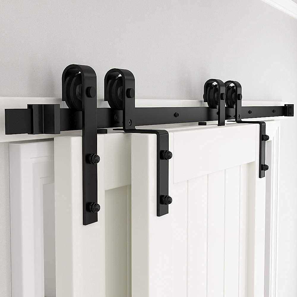 skysen Heavy Duty Sliding Barn Door Hardware Single Track Bypass Double Door Kit Black