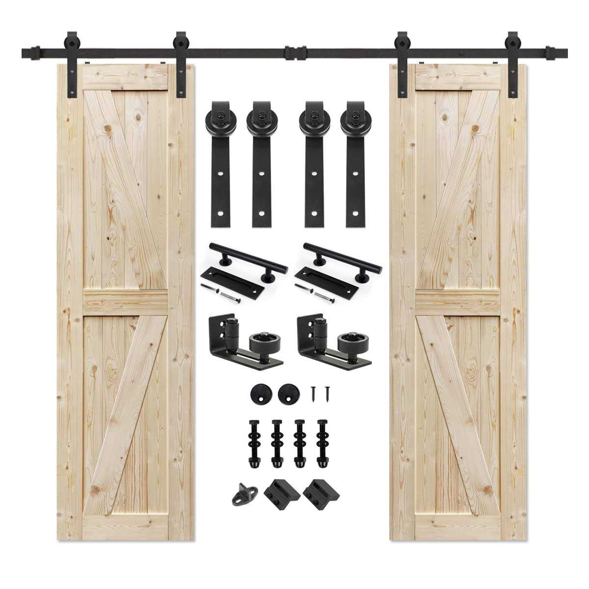 Paneled Wood Unfinished Double Barn Door with Installation Hardware Kit S&Z TOPHAND