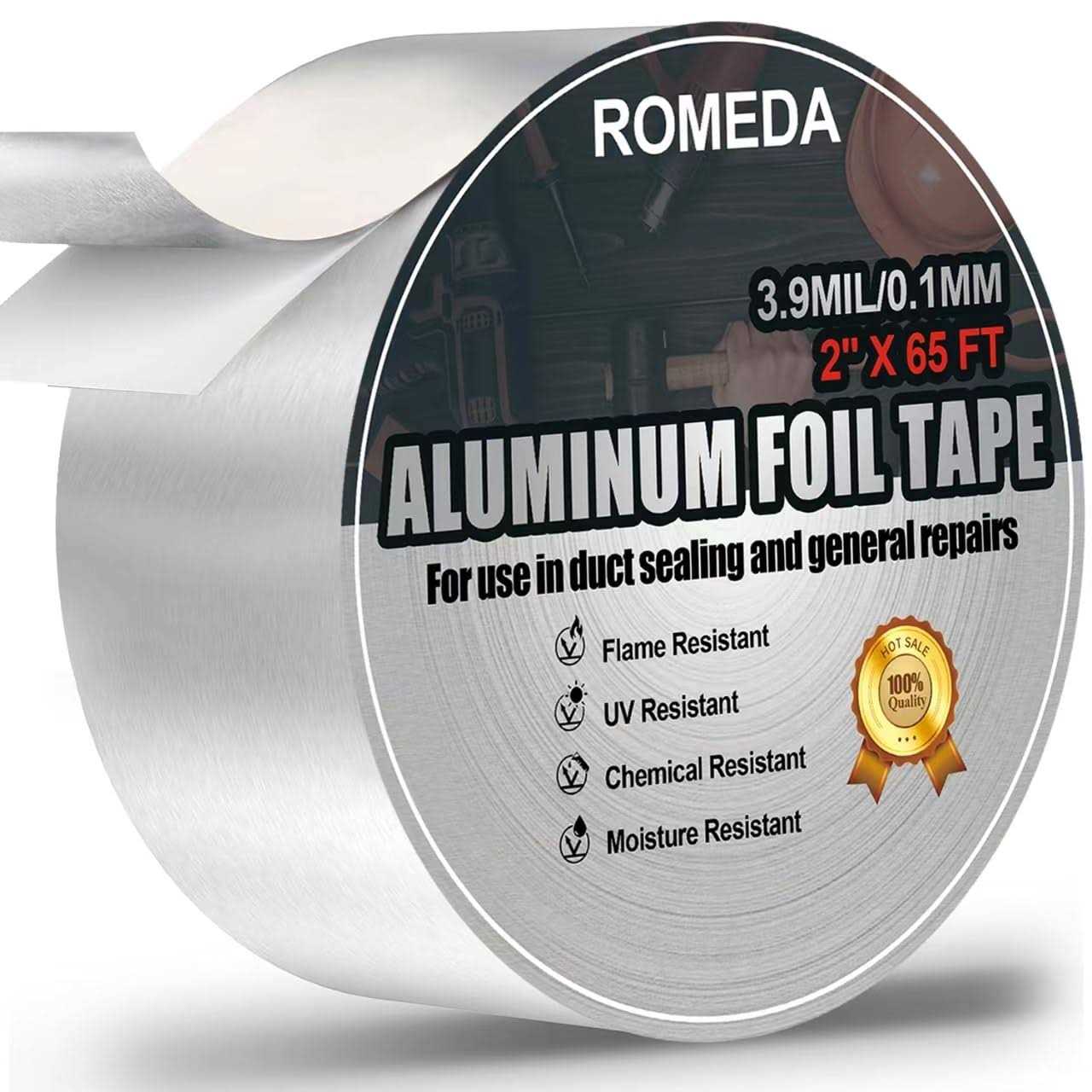 Romeda Aluminum Foil Tape 2 inch x 65 Feet Insulation Adhesive Metal High Temperature Heavy Duty HVAC Tape