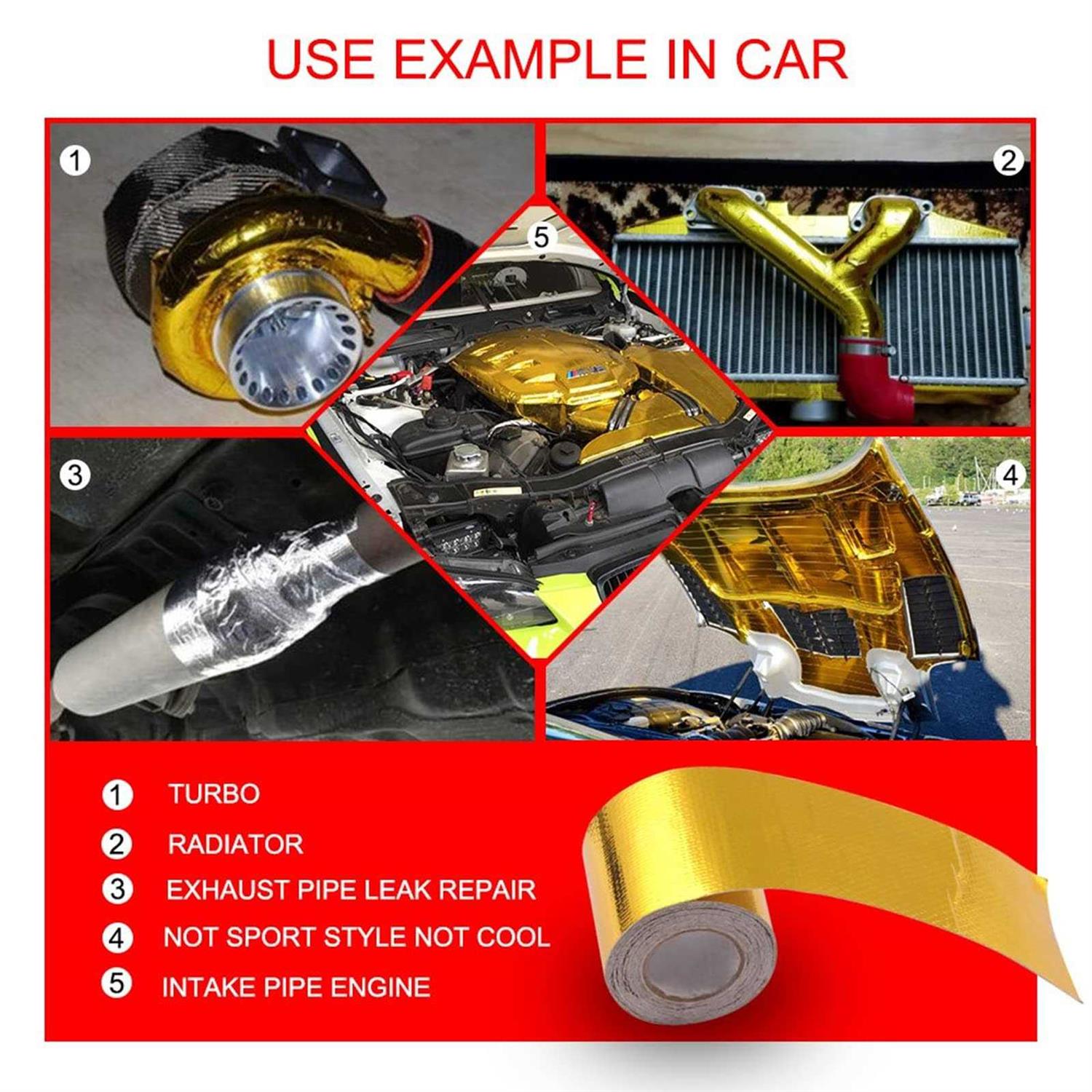 Sporacingrts 2 Gold Adhesive Backed Heat Barrier Tape Heat Shield Reflective Tape Wrap Roll,Compatible with Car Intake Pipe - Image 5