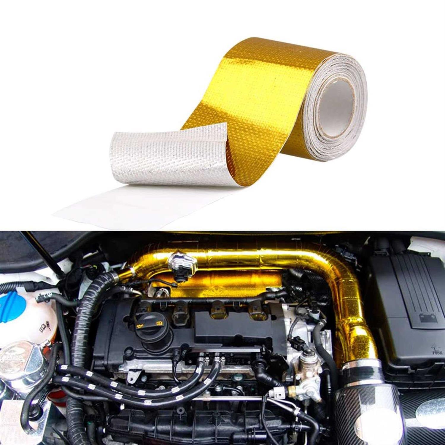 Sporacingrts 2 Gold Adhesive Backed Heat Barrier Tape Heat Shield Reflective Tape Wrap Roll,Compatible with Car Intake Pipe
