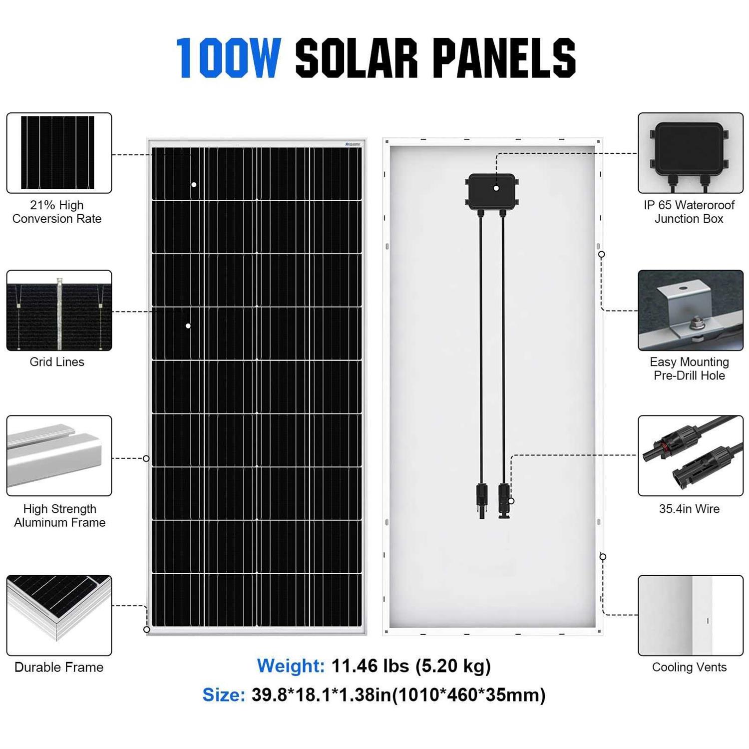 ECO-WORTHY 2pcs 100 Watt Solar Panels 12 Volt Monocrystalline Solar Panel for RV Marine Boat and Other Off-Grid Applications - Image 3