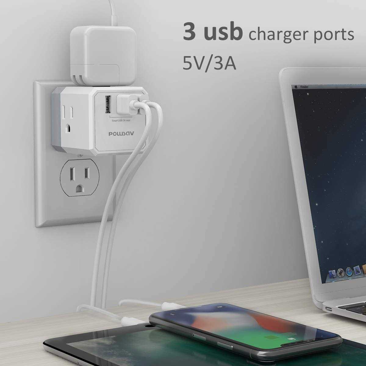 Multi Plug Outlet, Outlet expanders, POWSAV USB Wall Charger with 3 USB Ports and 3-Outlet Extender with 3 Way Splitter - Image 3