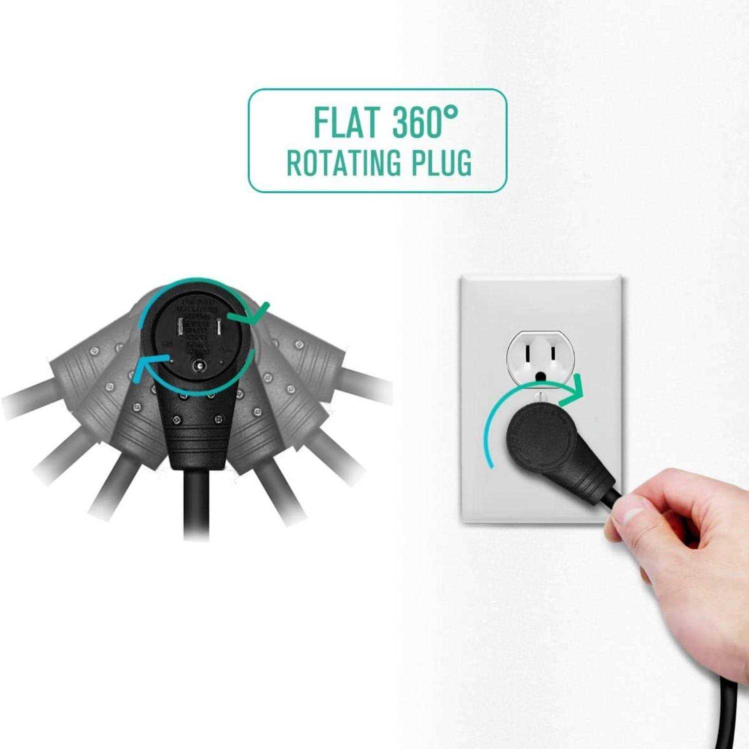 Nekteck 360 Rotating Flat Plug Extension Cord 1 Foot 14AWG 3 Prong Extension Cord - Image 5