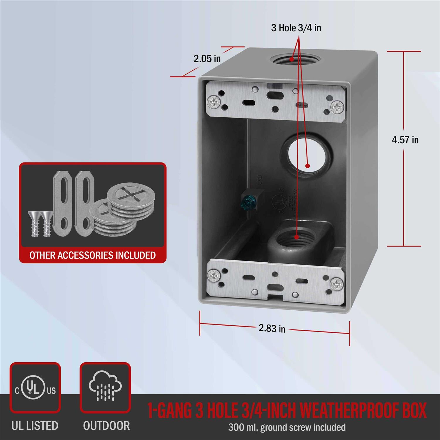 Enerlites Weatherproof Outlet Box with Three Threaded Outlets Outdoor Electrical Box - Image 3