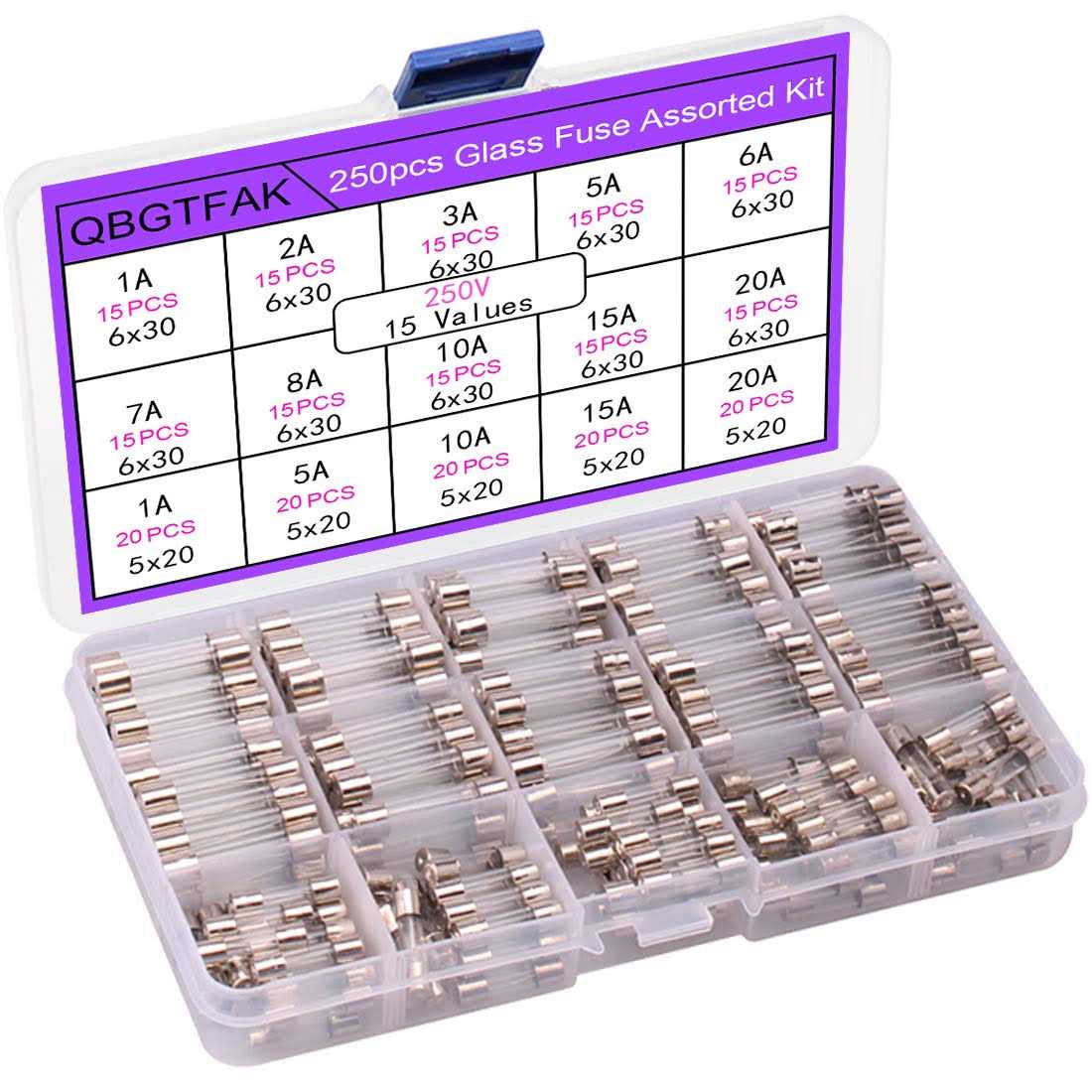 QBGTFAK 250pcs Quick Blow Glass Tube Fuse Assorted Kit 250V 1A 2A 3A 5A - Image 4