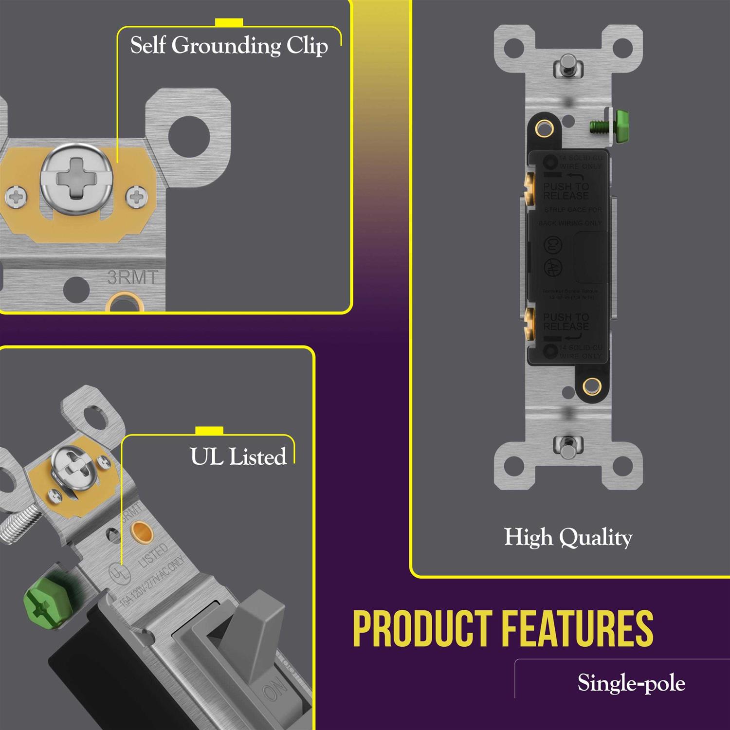 Enerlites Toggle Light Switch Single Pole 15A 120-277v 88115-GY - Image 4