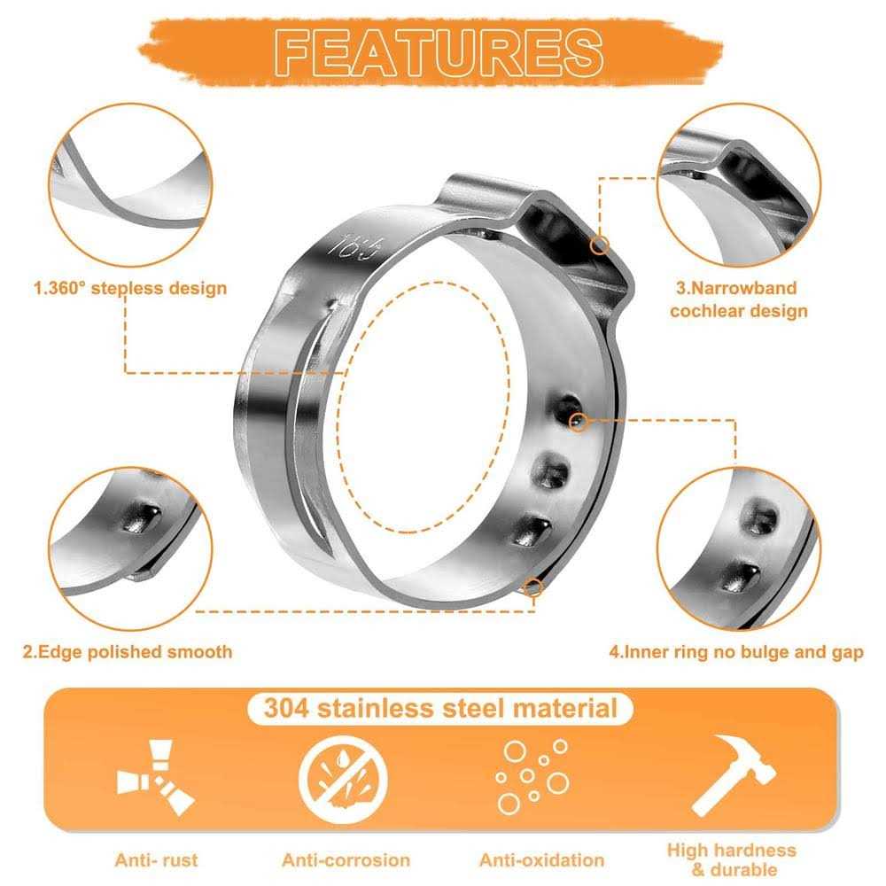 Hydencamm 120PCS 11 Sizes Single Ear Hose Clamps 304 Stainless Steel - Image 5
