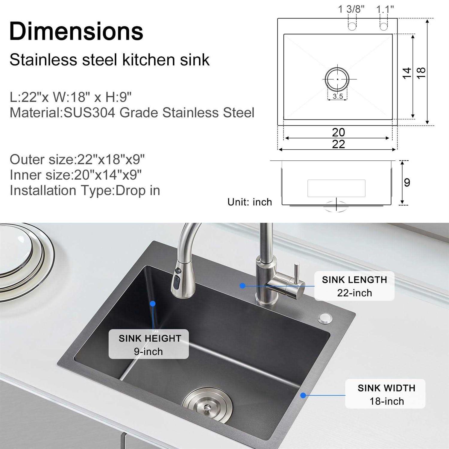 MENATT Commercial 22 X 18 Inch Drop in Single Bowl Kitchen Sinks - Image 3