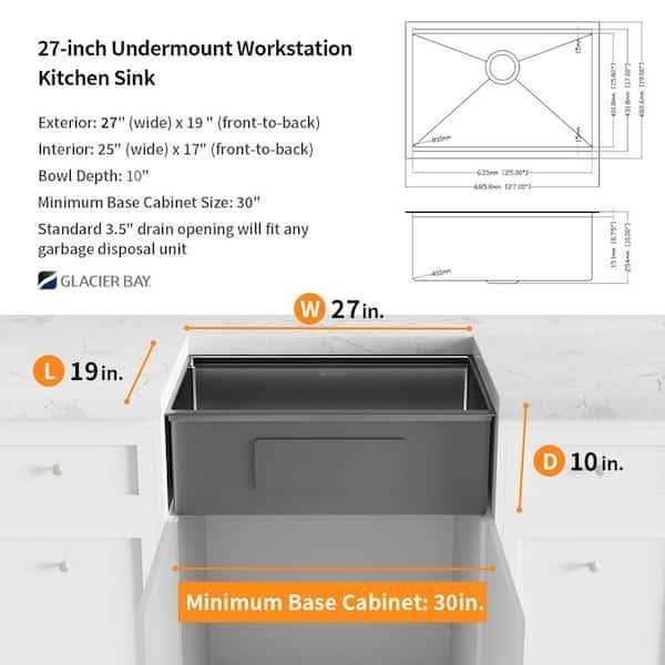 Glacier Bay Gunmetal Black Stainless Steel 27 Single Bowl Undermount Workstation Kitchen Sink - Image 5