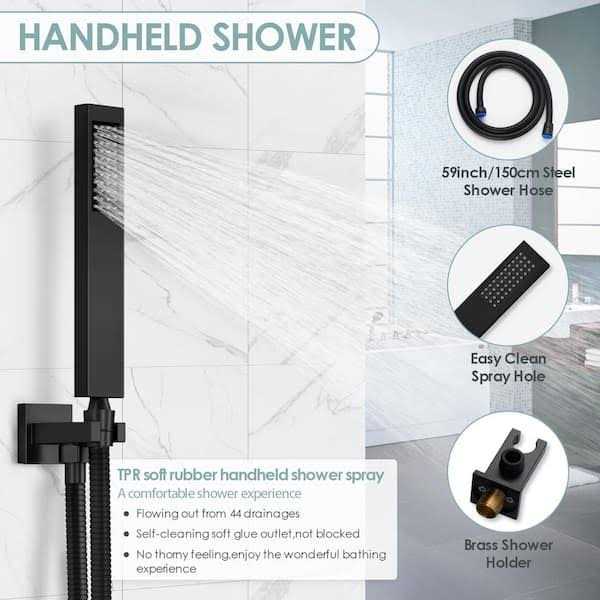EVERSTEIN 2-Spray Square 10 in. Shower System Shower Head with Handheld in Black - Image 5