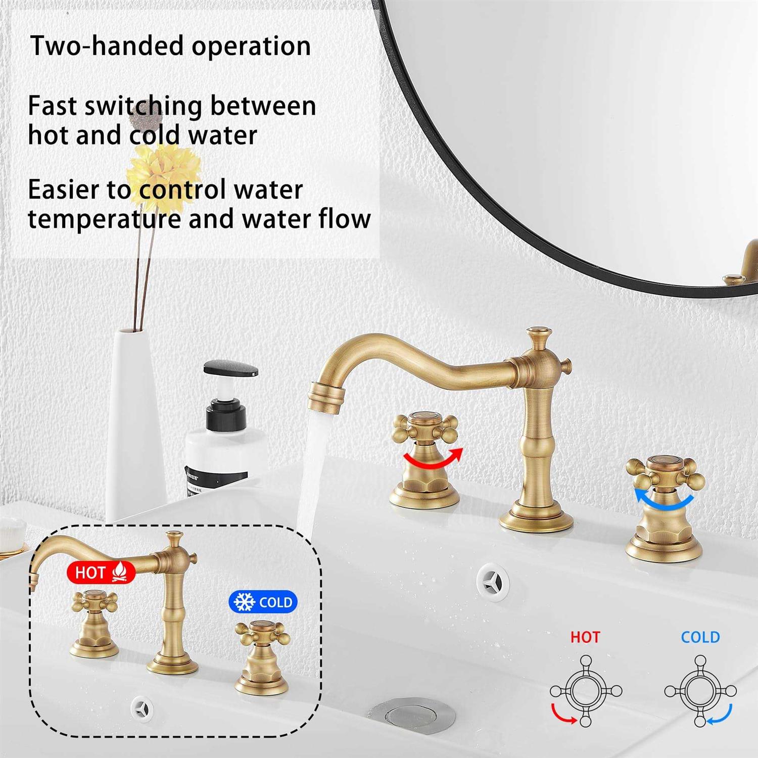 GGStudy 8 inch 2 Handles 3 Holes Widespread Bathroom Sink Faucet Antique Brass Bathroom Vanity Faucet Basin Mixer Tap Faucet Matching Metal Pop Up - Image 4