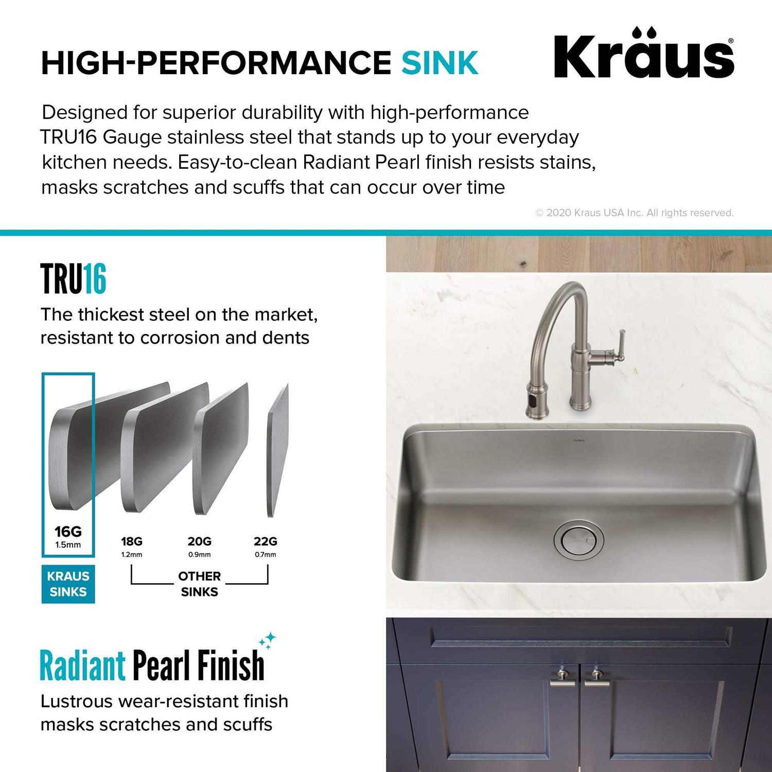 Kraus Dex 33-inch Undermount 16 Gauge Stainless Steel Single Bowl Kitchen Sink KA1US33B - Image 5