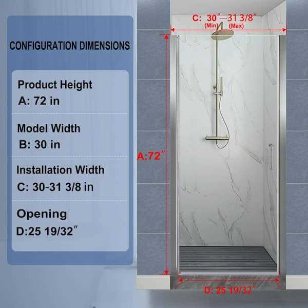 Lonni 72 in. H Frameless Pivot Shower Door with 1/4 in Thick Clear Tempered Glass - Image 3