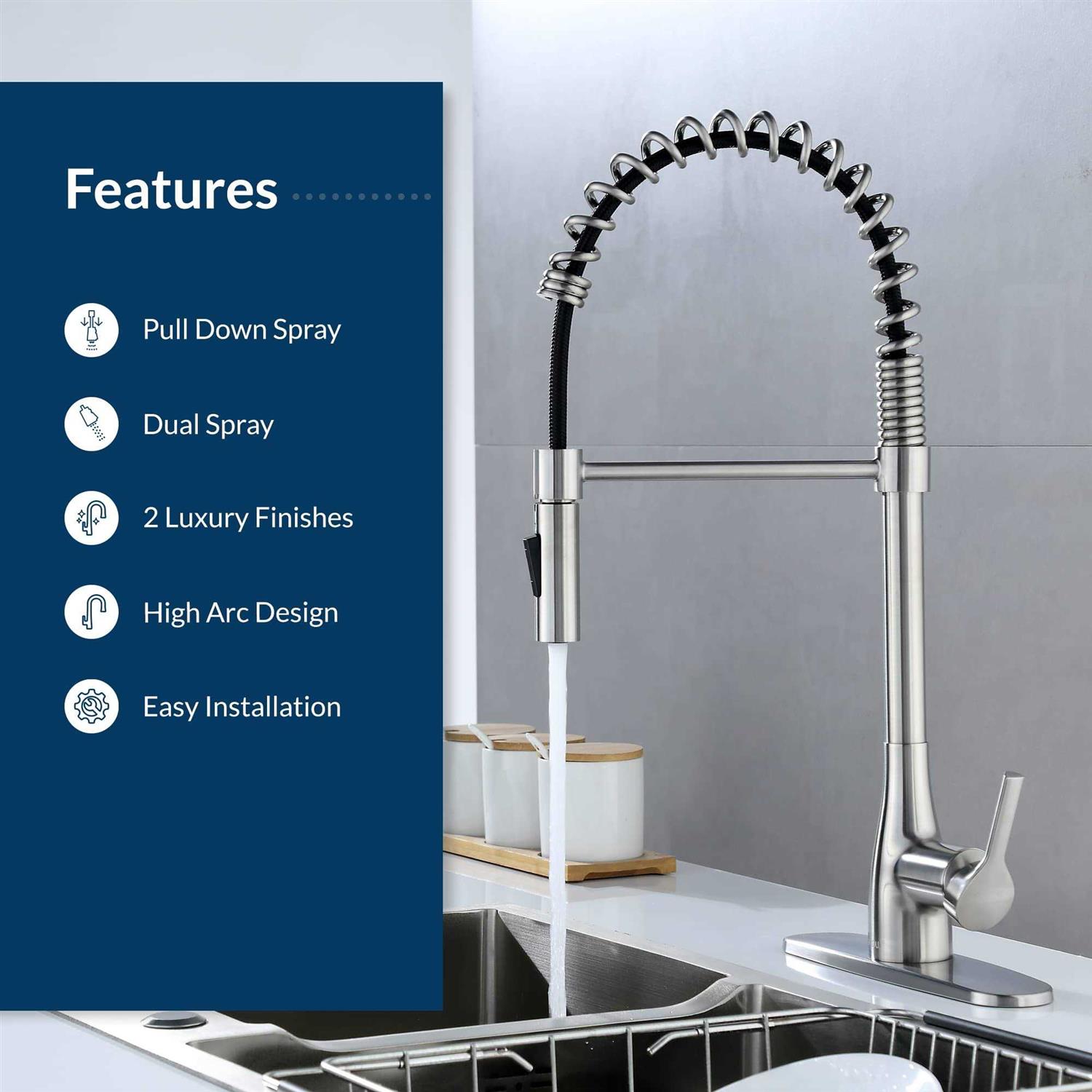 FLOW Classic Series Single-Handle Pull-Down Spring Neck Sprayer Kitchen Faucet - Image 5