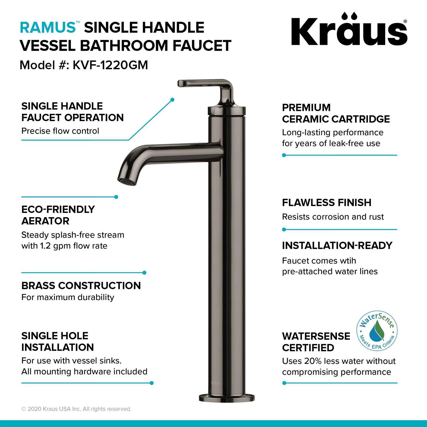 Kraus Ramus Single Handle Vessel Bathroom Sink Faucet with Pop-Up Drain KVF-1220 - Image 5