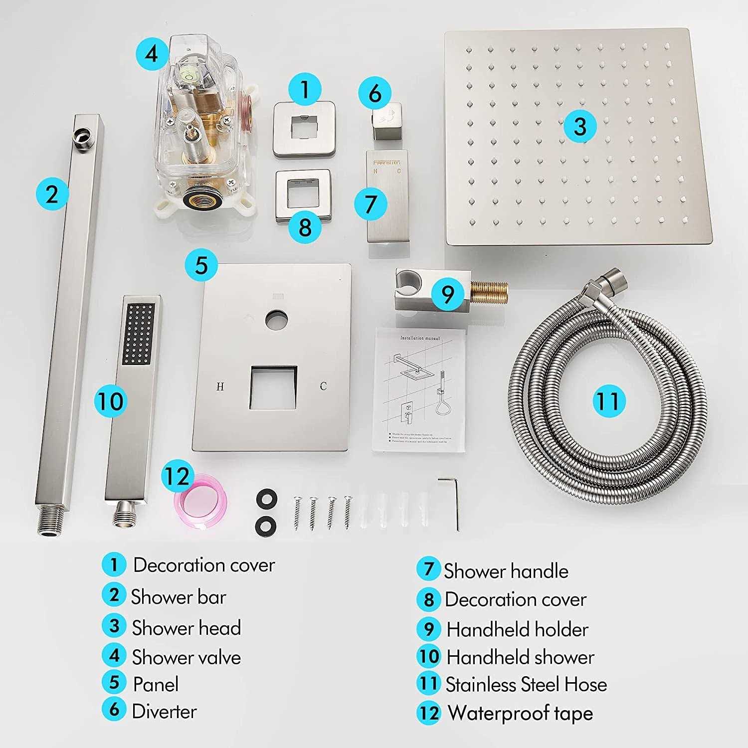 Fransiton 10 Inches Brushed Nickel Shower System Rain Shower System Set Wall Mounted - Image 4
