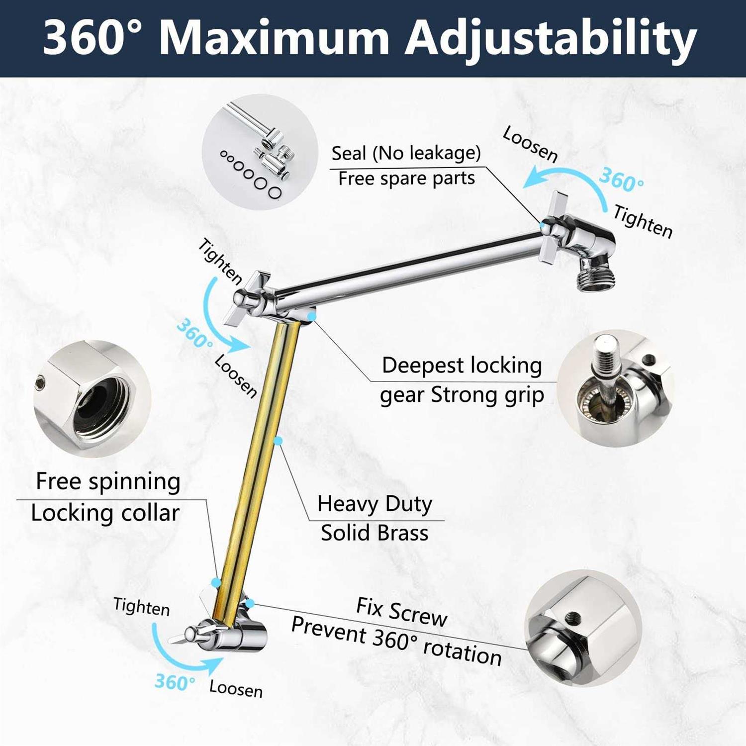 PDPBath Brass 16 Inch Shower Head Extension Arm Upgrade Flexible Height & Angle Adjustable Shower Arm Extender with Lock Joints - Image 2