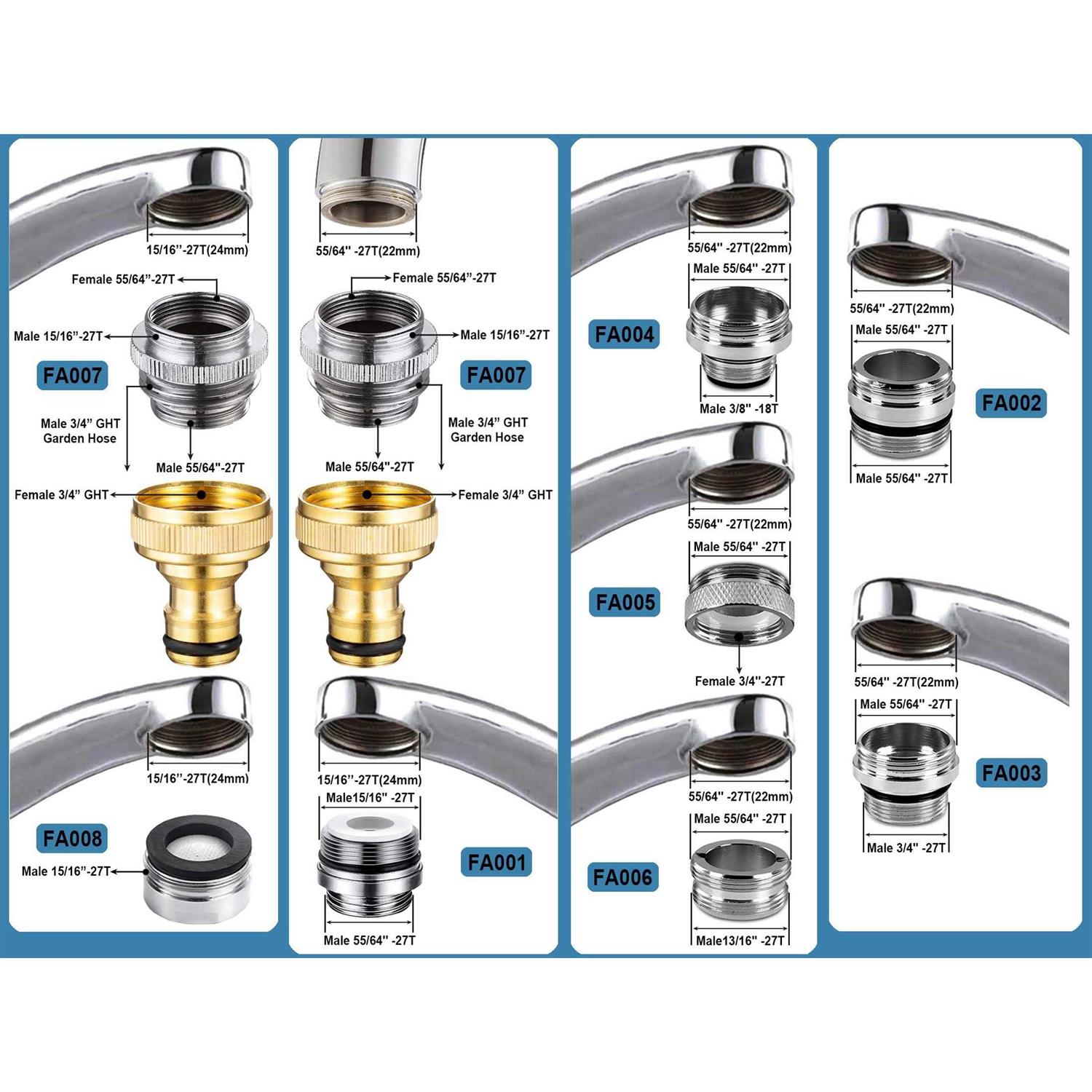 ExcelFu 9 Pieces Faucet Adapter Kit Brass Aerator Adapter Male Female Kitchen Sink Faucet Adapter to Garden Hose - Image 4