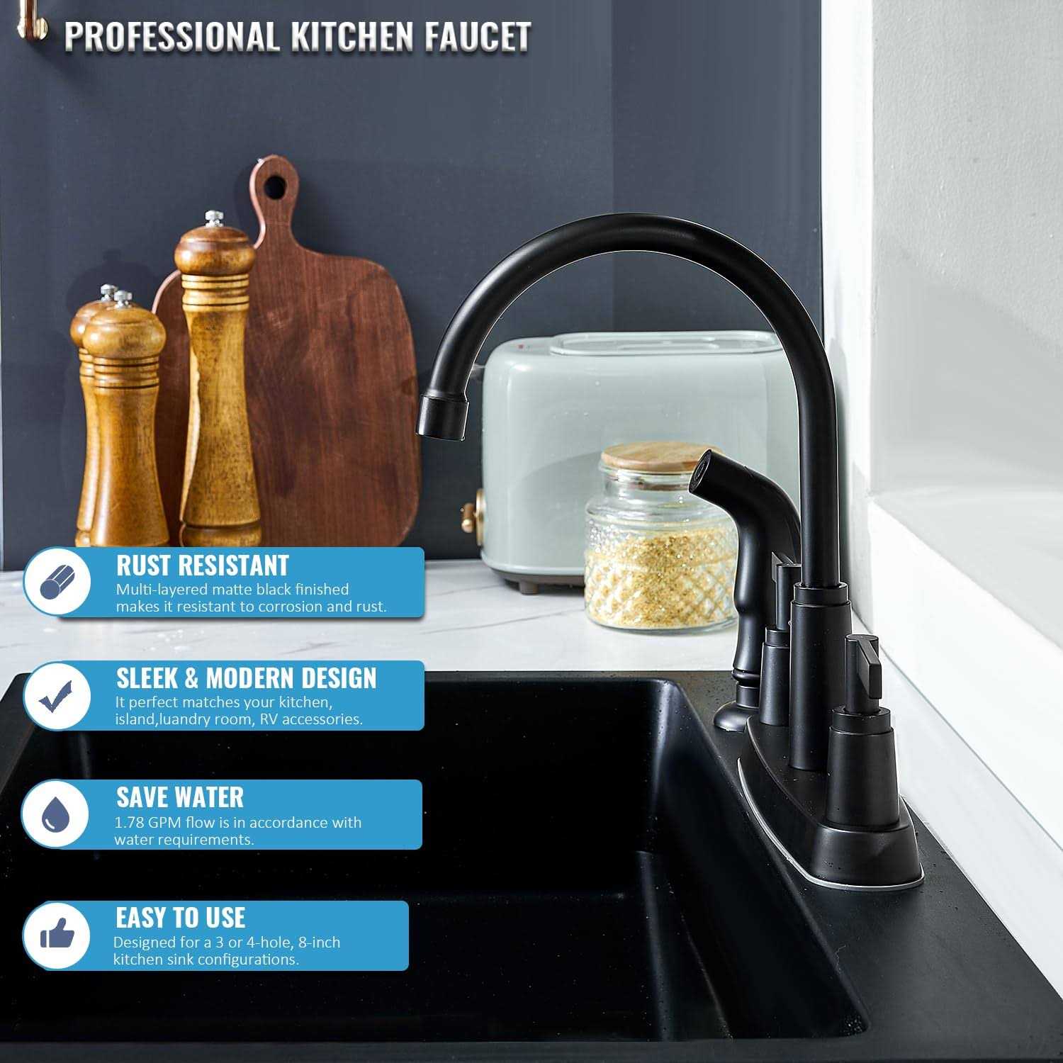 KINFAUCET Modern 2 Handle Kitchen Sink Faucet with Side Sprayer, High Arc 360 Swivel Stainless Steel 3 or 4 Hole Kitchen Faucet for Rv Camper - Image 3