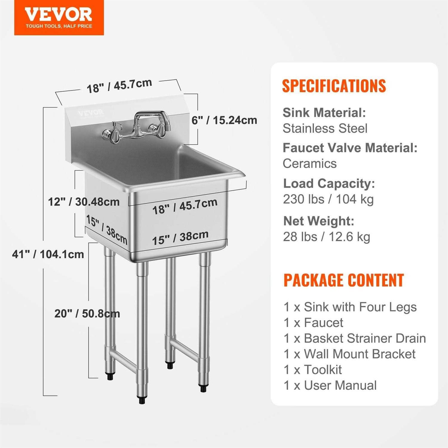 VEVOR Stainless Steel Prep & Utility Sink 1 Compartment Free Standing Small Sink Include Faucet & legs - Image 3