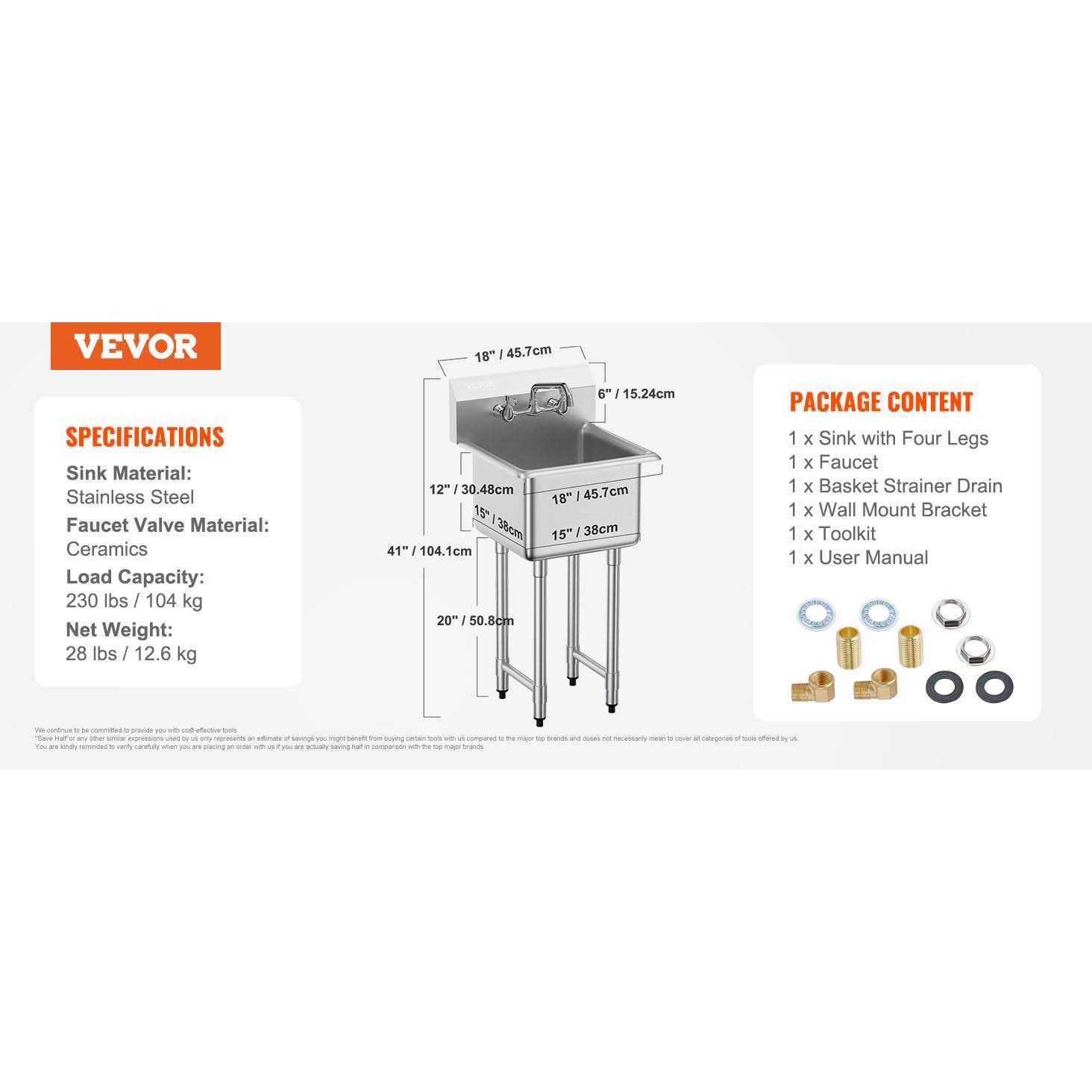 VEVOR Stainless Steel Prep & Utility Sink 1 Compartment Free Standing Small Sink Include Faucet & legs - Image 5