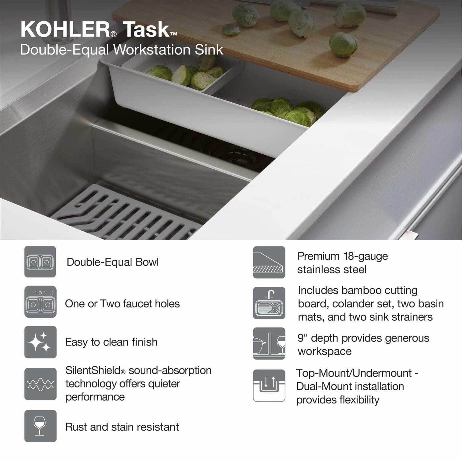 Kohler K-80085-1PC Task Smart Divide Smart Divide 33 top-/undermount Double-Bowl Workstation Kitchen Sink - Image 5