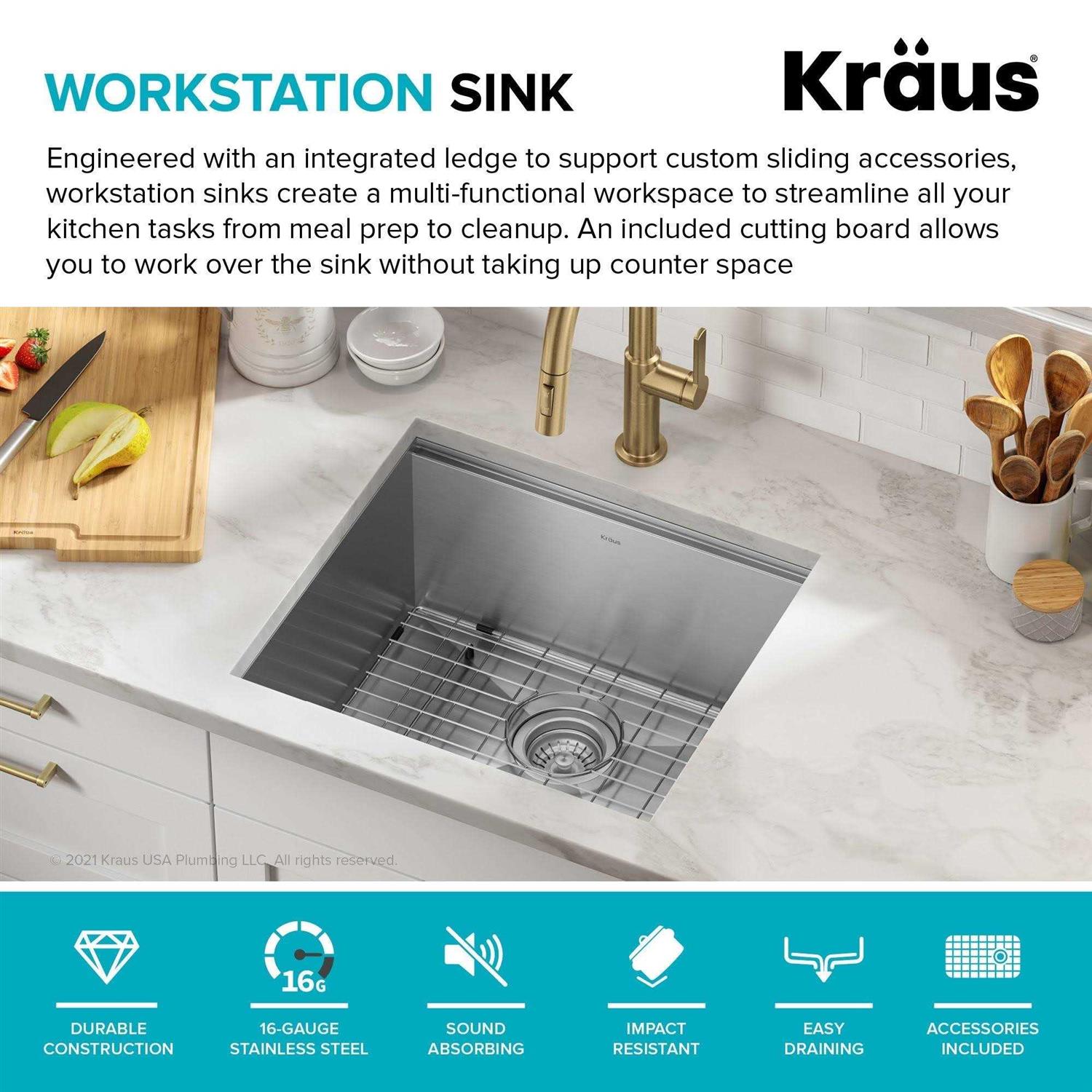 Kraus 21 Kore Undermount Workstation Stainless Steel Single Bowl Kitchen Sink with Accessories KWU111-21 - Image 4