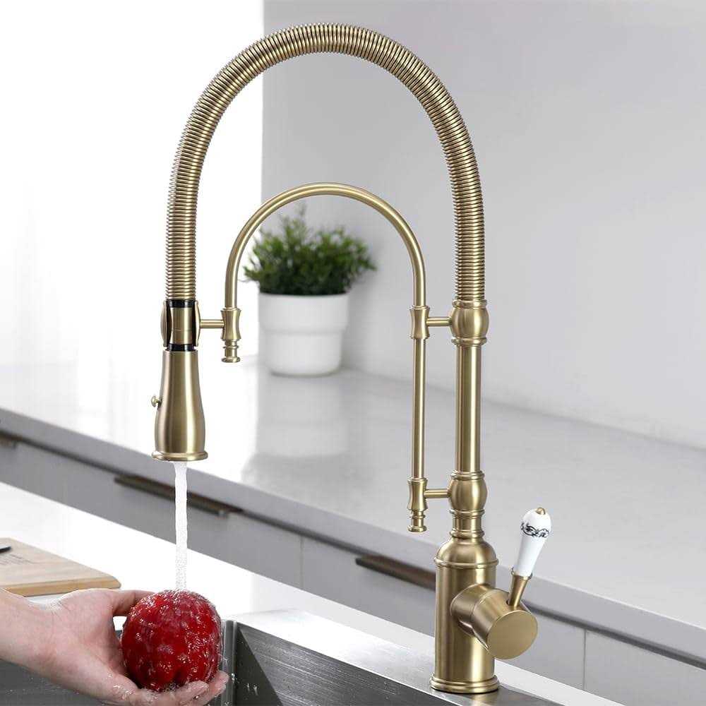 Kunmai Single Handle High Arc Kitchen Sink Faucets Brushed Gold Dual-mode Pull-down Kitchen Faucet Solid Brass Porcelain Handle - Image 3