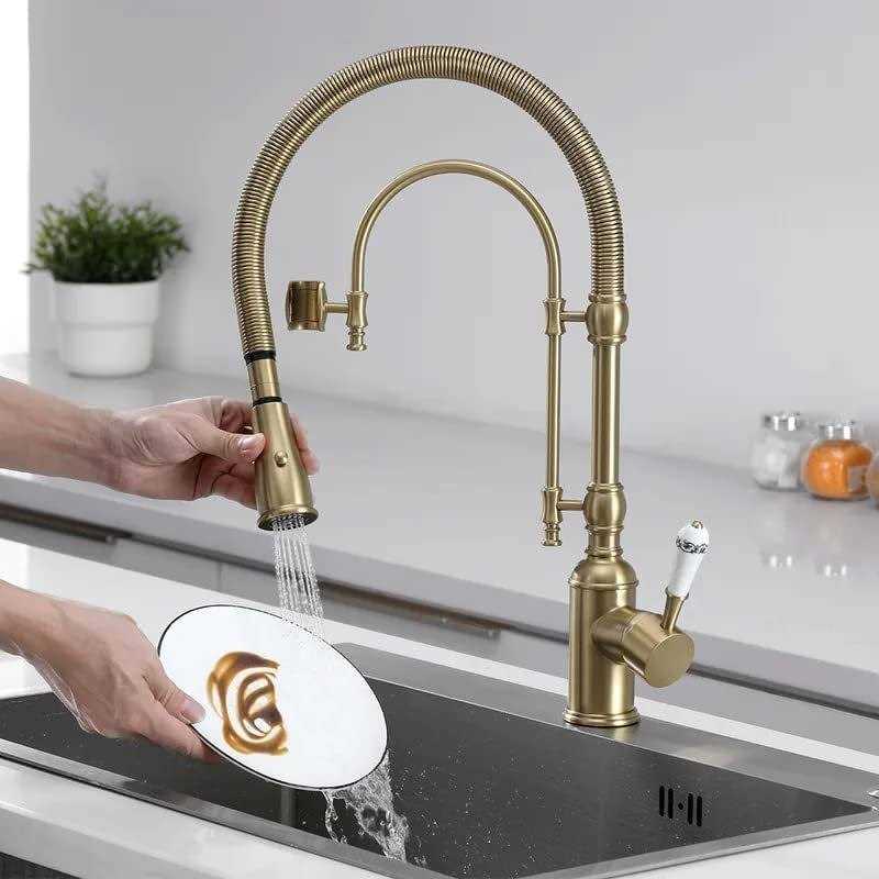 Kunmai Single Handle High Arc Kitchen Sink Faucets Brushed Gold Dual-mode Pull-down Kitchen Faucet Solid Brass Porcelain Handle - Image 4