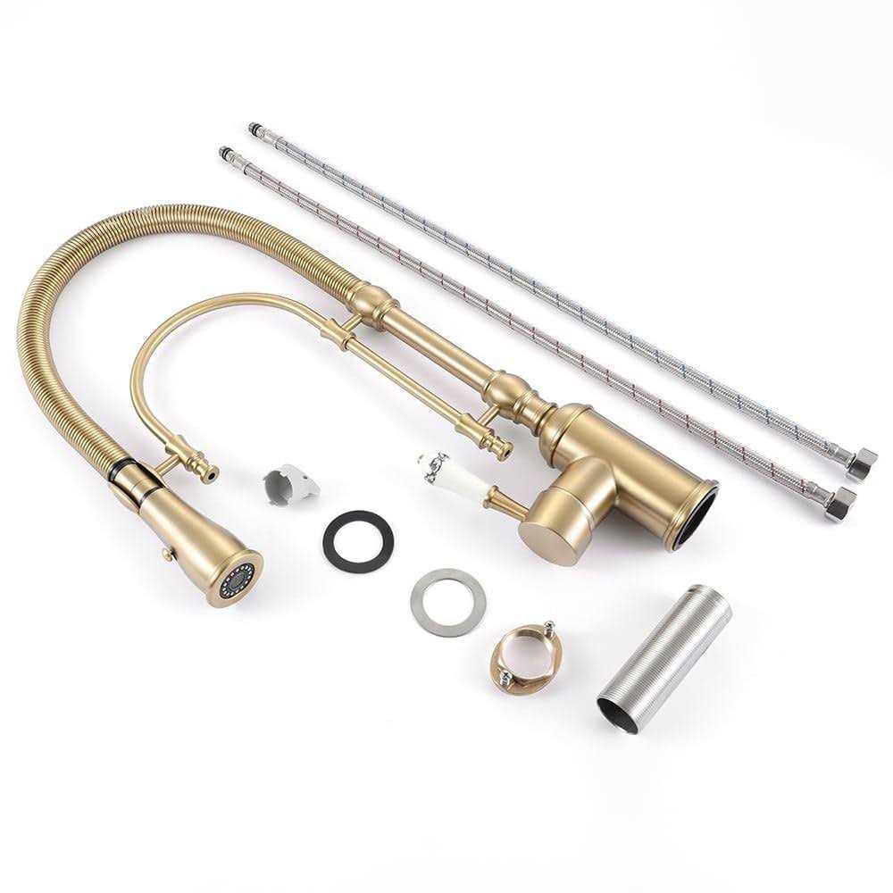 Kunmai Single Handle High Arc Kitchen Sink Faucets Brushed Gold Dual-mode Pull-down Kitchen Faucet Solid Brass Porcelain Handle - Image 5