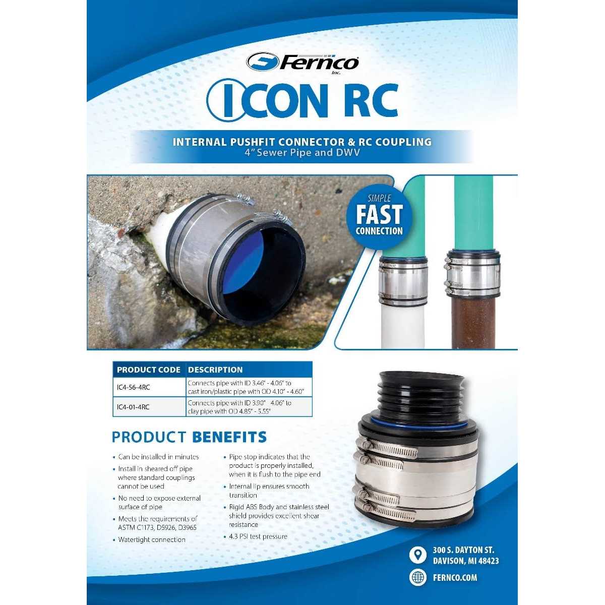Fernco 4 Icon RC Pushfit DWV Coupling Sheared Off Pipe Connector with Shielded Coupler, Plastic, Cast Iron and Copper - Image 5