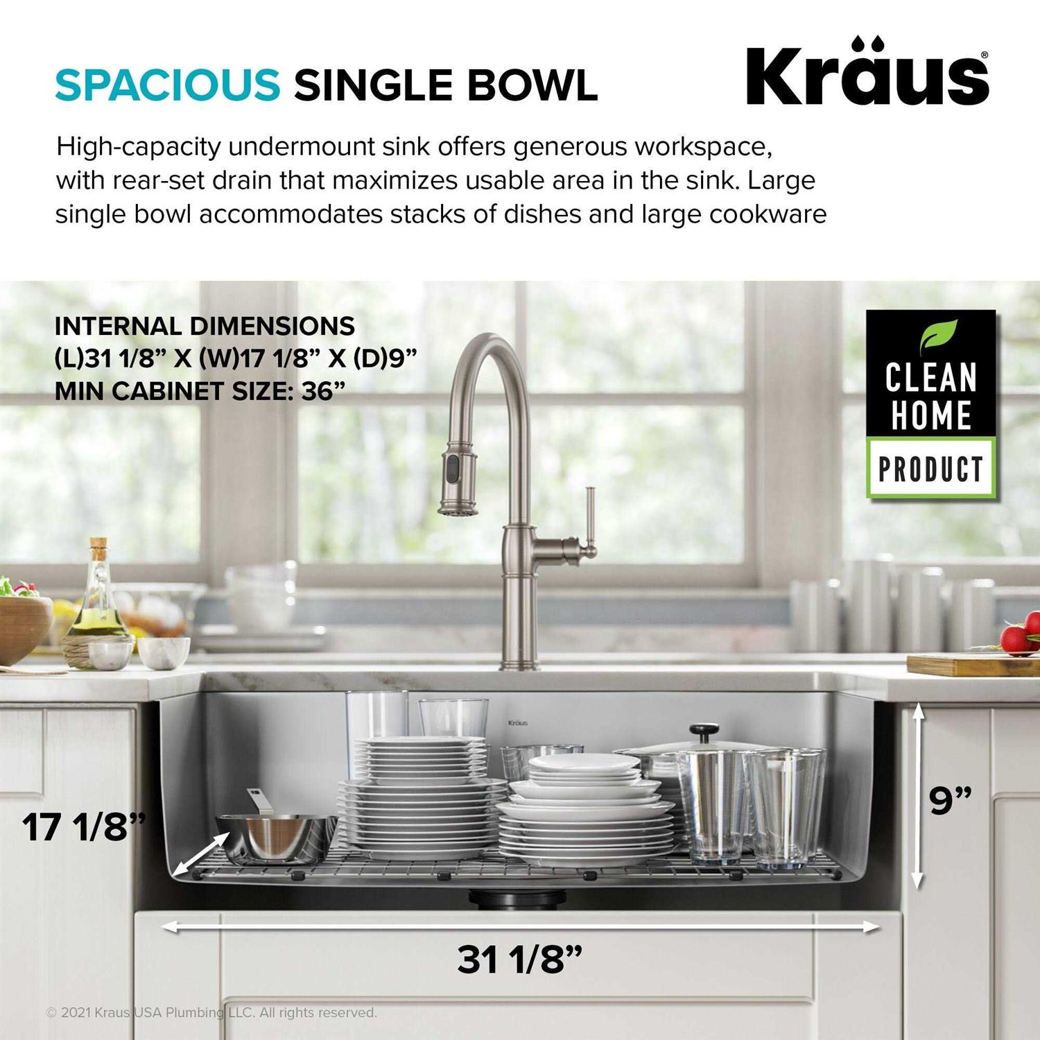 Kraus Dex 32 Inch Undermount 16 Gauge Stainless Steel Single Bowl Kitchen Sink KA1US32B - Image 3